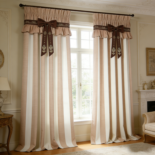 Beige Bow Striped Curtains