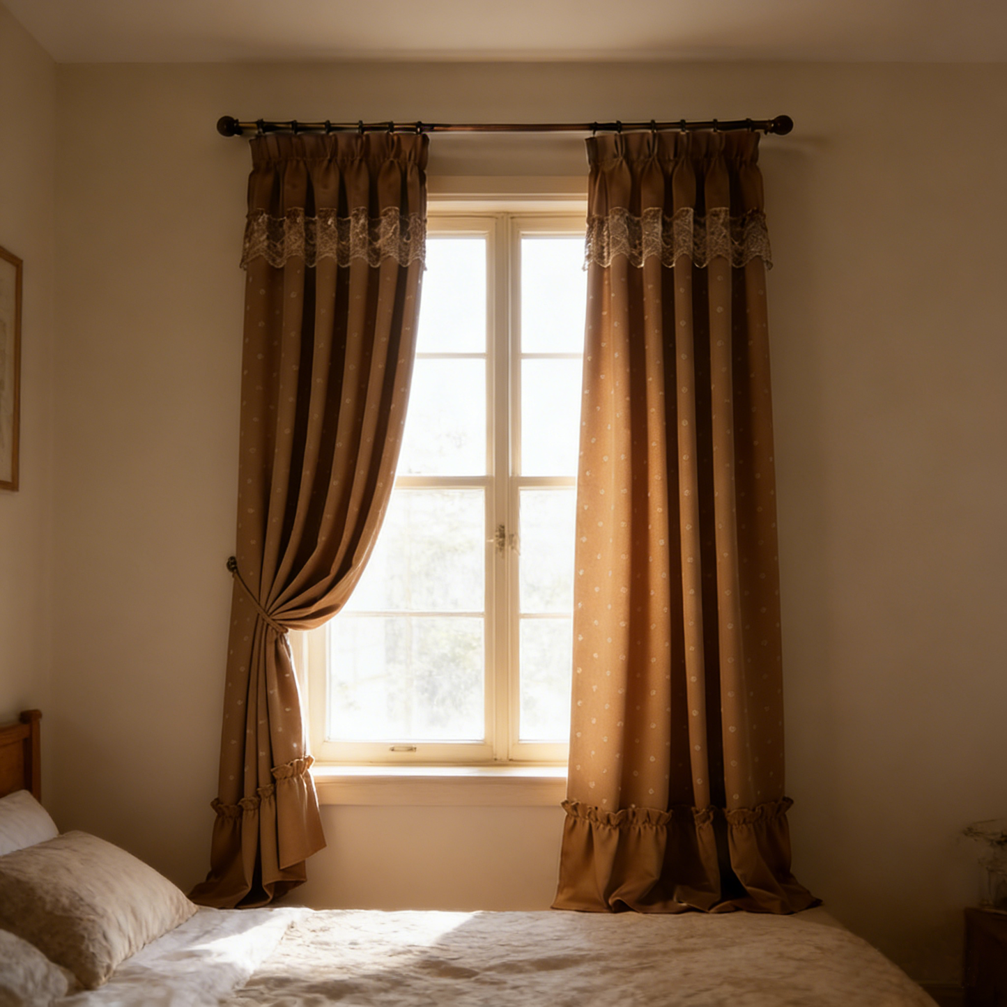 Beige Lace Dot Ruffle Curtains